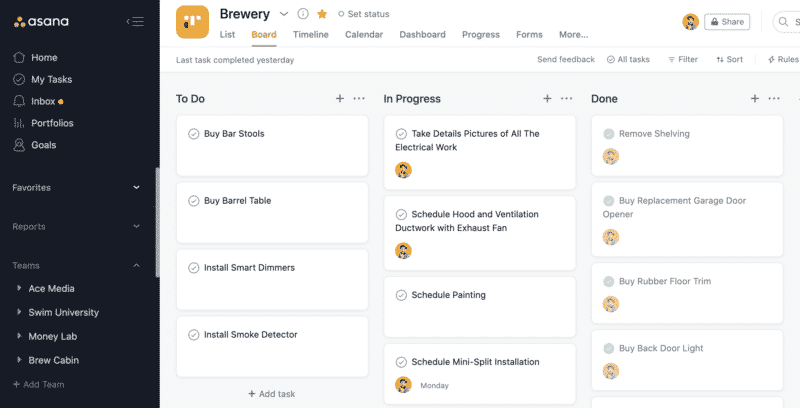 Brewery Build Board in Asana