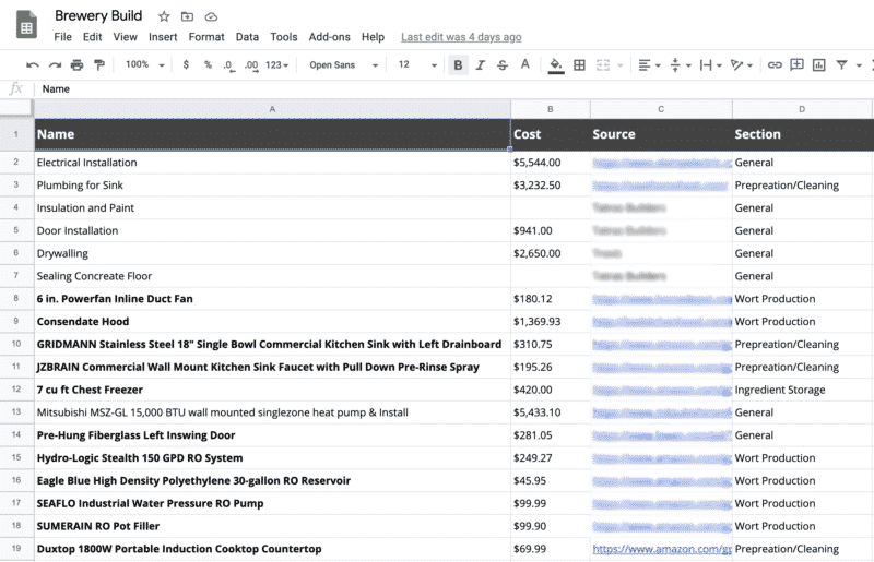 Brewery Build Cost Spreadsheet